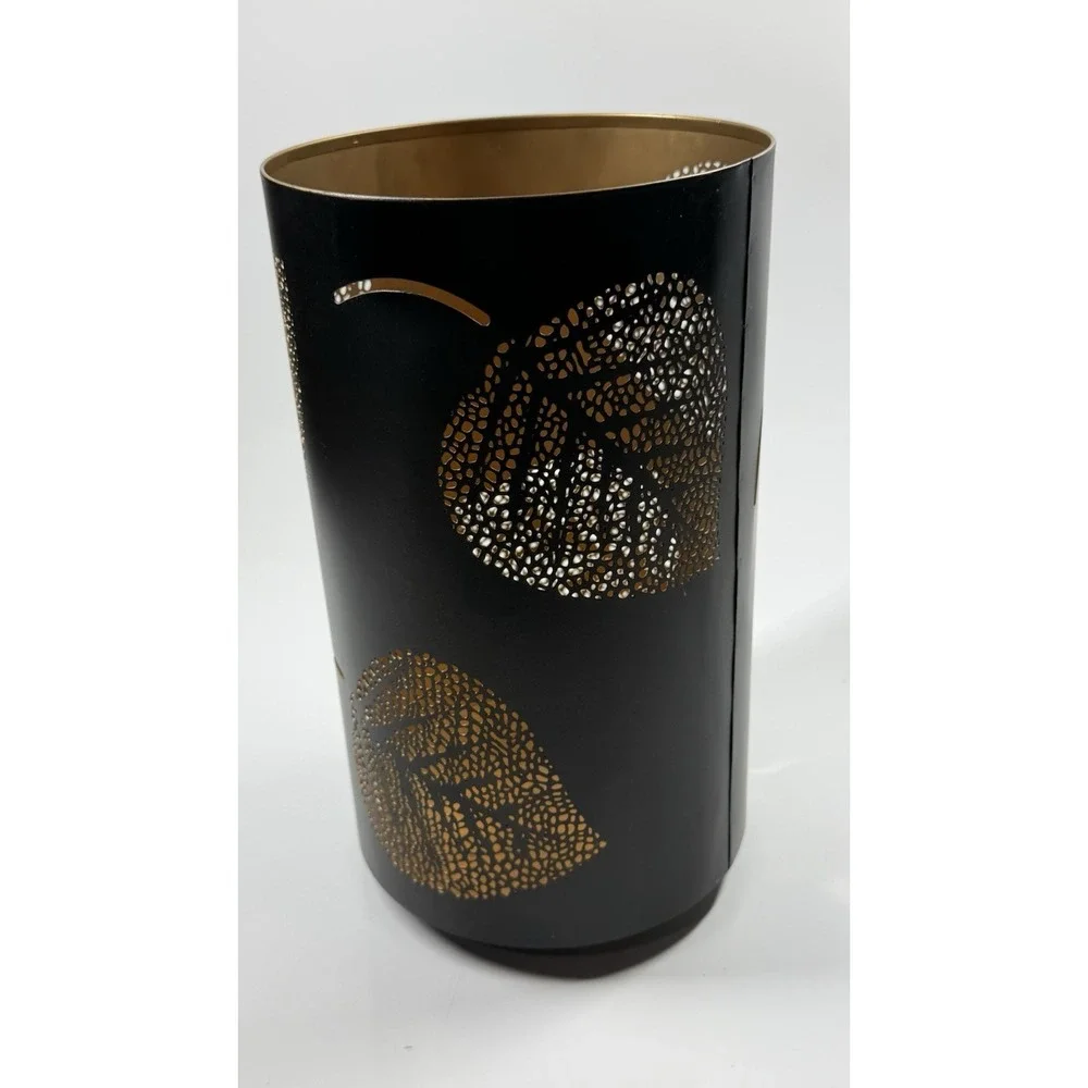 Black/Gold Metal Hurricane With Cut-out Leaves  Design Candle Holder